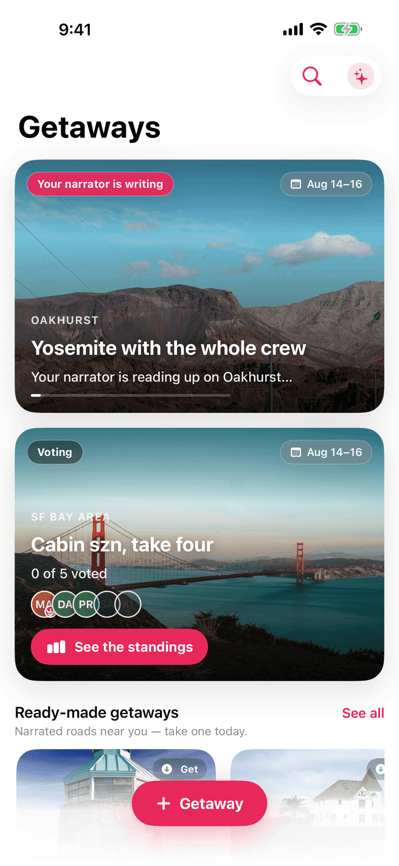A Getaways card reading Your narrator is writing — reading up on Oakhurst — above a getaway still being voted on